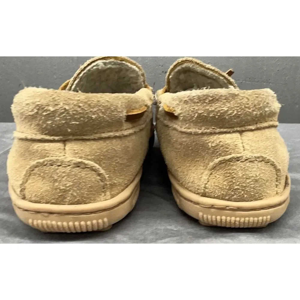 Minnetonka Moccasins Kids 3 Brown Tan Leather‎ Sherpa Lined Slippers Shoes